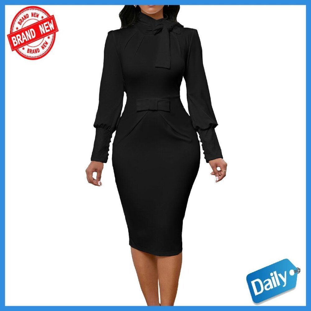 Elegant Long Sleeve Midi Dress with Bow Tie and Lace Buttons
